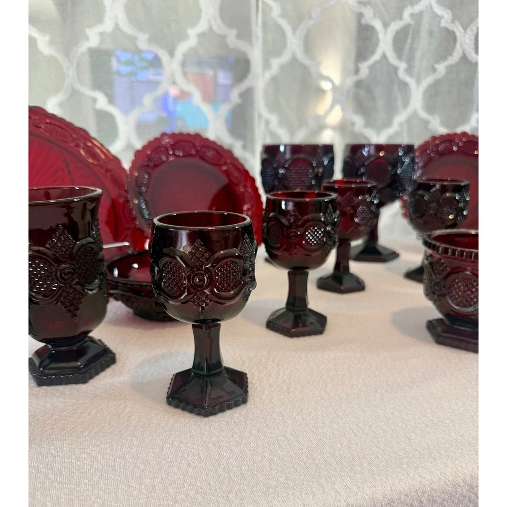 Vintage Avon 1876 Ruby Red Glass Dinnerware Set Plates Mugs Goblets Bowls